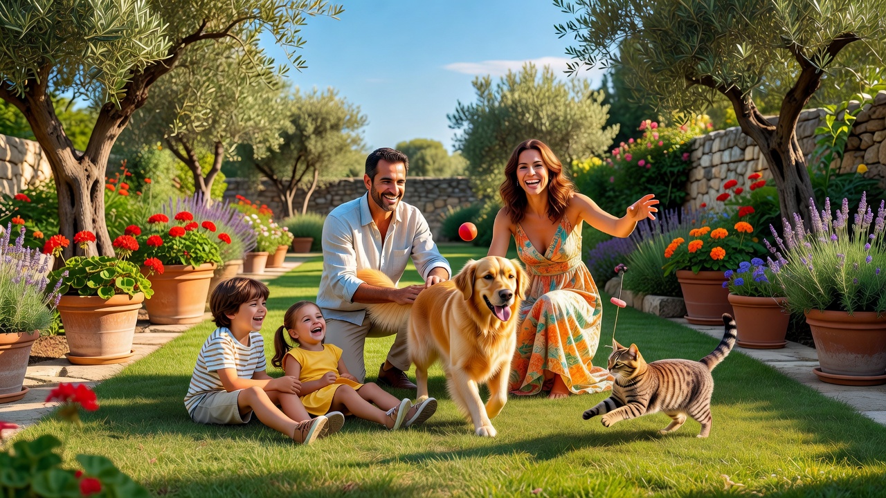 Familia feliz con sus mascotas en la costa